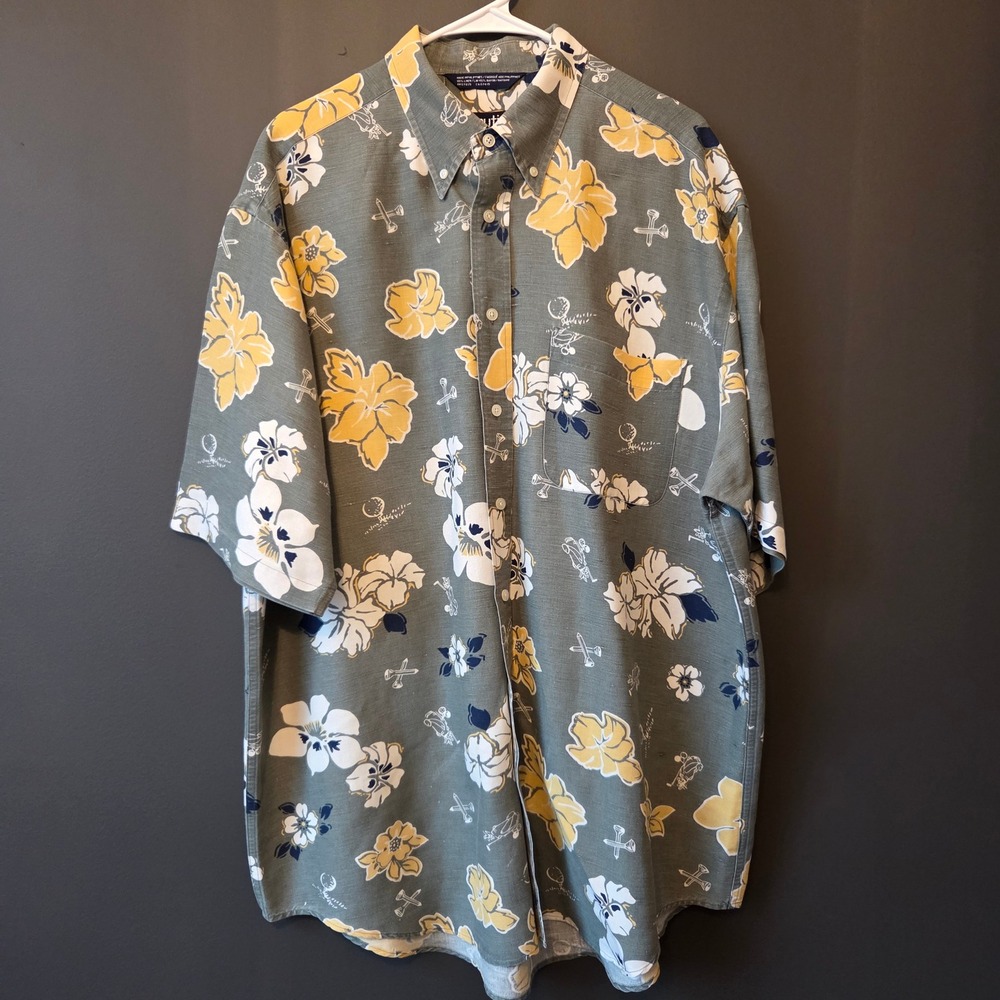 Nautica Mens XL Linen Blend Golf Hawaiian Floral Button Down Shirt Short‎ Sleeve